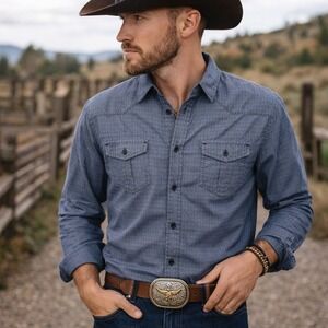 Helix Mens Western Button Down Shirt Size M Flap Pocket Smart Casual Blue-Grey